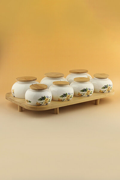 Bursa Porselen Dekor طقم توابل من البورسلين مكون من 7 قطع مع حامل من الخيزران...