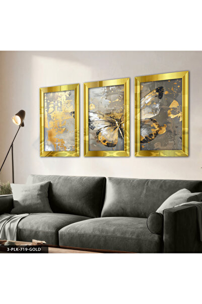 Evinemoda Gold Detailed Butterfly 3 Piece Plexiglass Mirrored Table