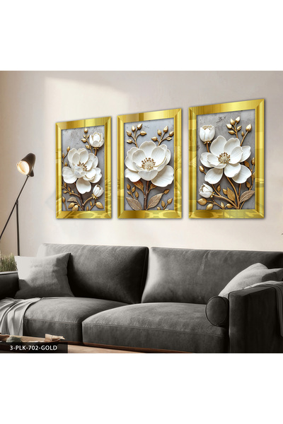 Evinemoda Gold Yapraklı Beyaz Çiçek 3 Parça Pleksi Aynalı Tablo