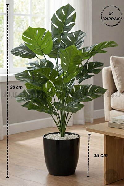 BİÇİÇEK Yapay Çiçek Salon Bitkisi Monstera Deve Tabanı Antrasit Renk Yalı Sak...