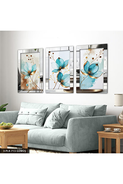 Evinemoda Slika u akvarelnom stilu, plavi cvet, 3 dela, pleksiglas, zrcalna s...