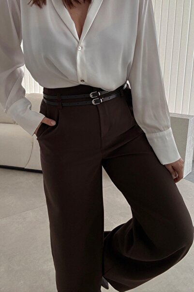 ELVAN TOLON Καφέ υφασμάτινο παντελόνι με φαρδιά πόδια