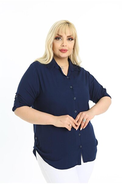By Alba Collection Kadın Pamuk Viskon Düz Büyük Beden Gömlek Lacivert