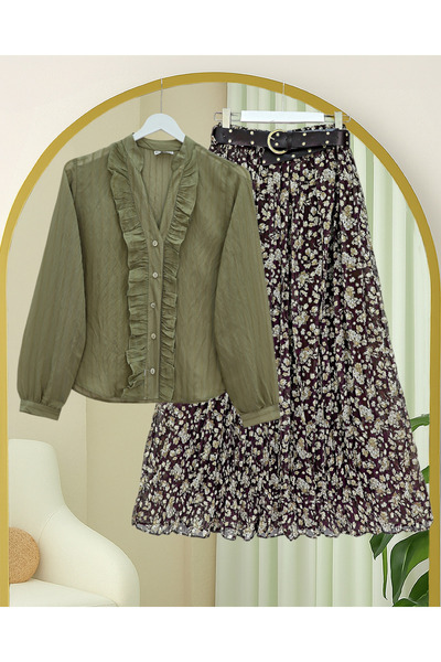 Modamorfo V-Neck Front Ruffled Tencel Semi-Transparent Bouquet Shirt - Khaki