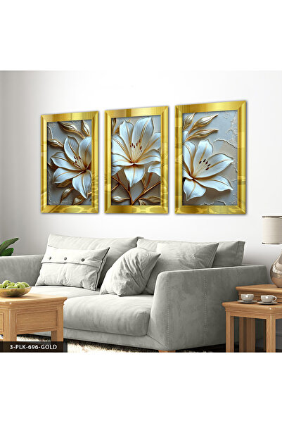 Evinemoda Crin cu frunze aurii, tablou din plexiglas auriu cu oglindă, 3 piese