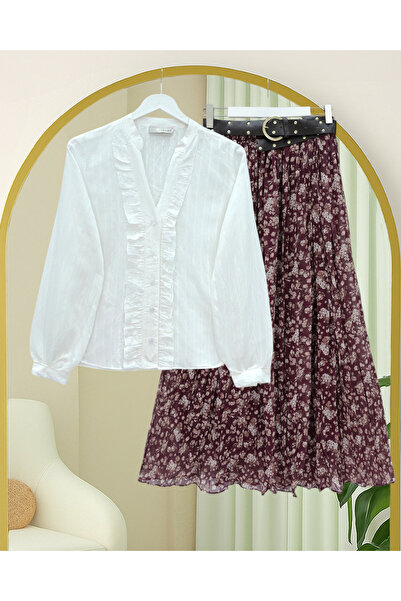 Modamorfo V-Neck Front Ruffled Tencel Semi-Transparent Bouquet Shirt -White