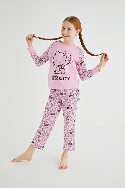 Hello Kitty Kız Çocuk Pembe Kız Uzun Kol Pamuklu Pijama Takımı