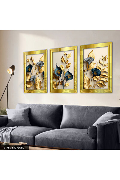 Evinemoda Zarif Altın ve Mavi Çiçekler 3 Parça Pleksi Aynalı Tablo