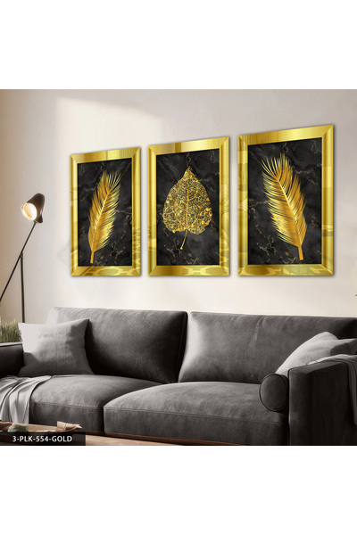 Evinemoda Çiçek Yaprak Gold 3 Parça Pleksi Aynalı Tablo