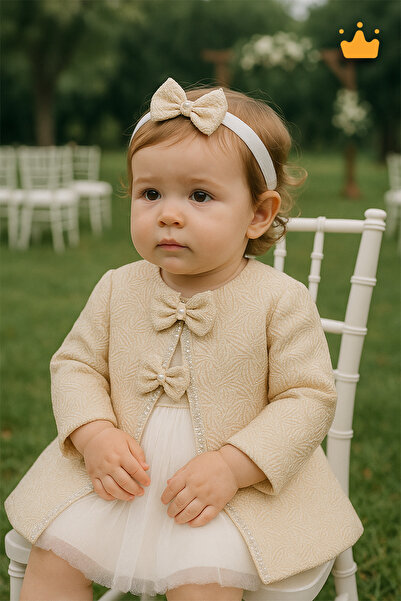 MİNİMONY 0-24 Ay Kız Bebek İnce Mantolu Bayramlık Gelinlik Abiye Saç Bandı Ce...