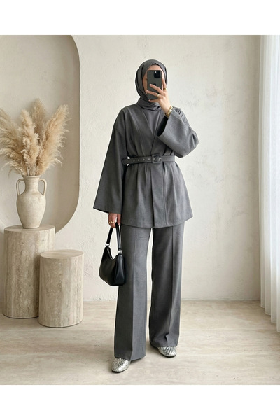 Modamorfo Kimono Set with Belted Trousers - Smoked