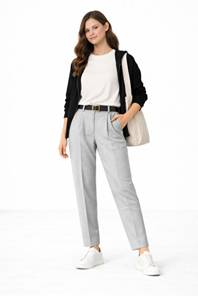 kikiriktekstil Women's High Waist Belted Double Pocket Carrot Cut Classic Fab...