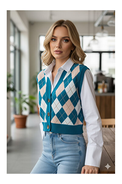 Namaste Vintage Petrol Blue Argyle Knit Sweater