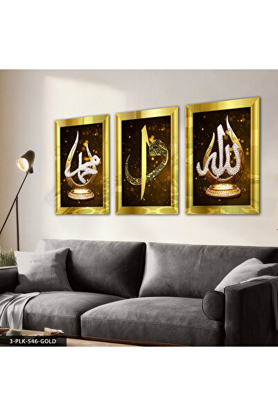 Evinemoda Allah Muhammed Elif Vav Gold 3 Parça Pleksi Aynalı Tablo