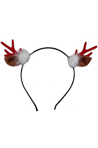 partidolu Kulaklı Geyik Boynuzu Şekilli Ponponlu Yılbaşı Tacı Kırmızı Renk No...