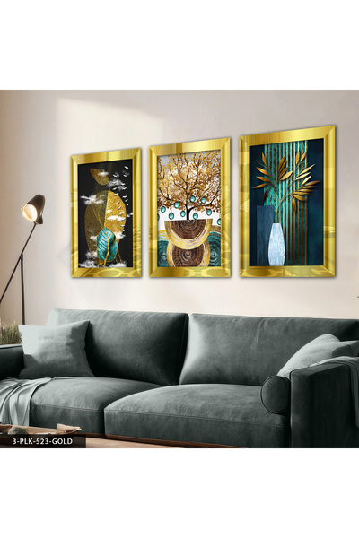 Evinemoda Soyut Doğa Gold 3 Parça Pleksi Aynalı Tablo