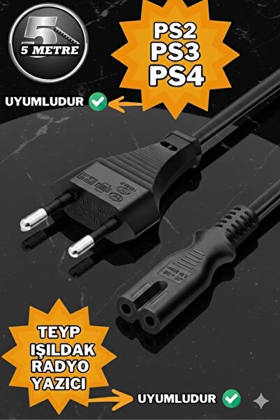 Derwell 5 Metre 2 Pinli C7 Teyp Elektrik Fiş Power Güç Kablosu 220 Volt Çift ...