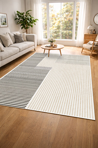 Decomia Home Dijital Kaymaz Yıkanabilir Modern Çizgili Gri Salon Halısı Mutfa...