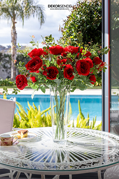 Dekorsende Yapay 3'lü Açmış Bahçe Gülü Dalı Kırmızı 66 cm