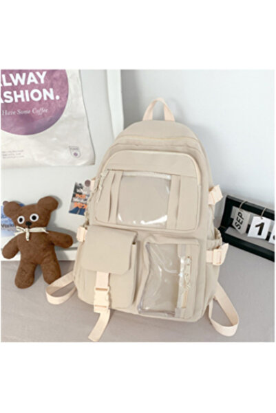Buldug Şeffaf Cepli Çok Bölmeli Bej Sırt Çantası Günlük Okul Seyahat Kullanım...