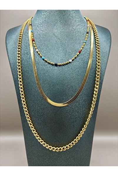 aurora dükkan Çelik Gold Çoklu Boncuklu Kolye Renkli