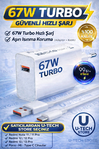 utechno 67W (WATT) Turbo Hızlı Şarj Adaptör+Kablo(Set) Xiaomi Redmi Note 11/1...