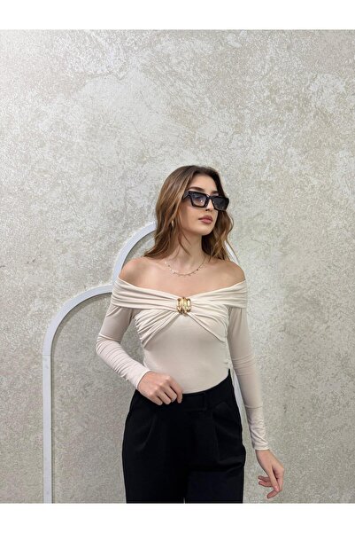 peri tower YENİ ÜRÜN Kadın Gold Tokalı Kayık Yaka Sandy Uzun Kollu Bluz 0072