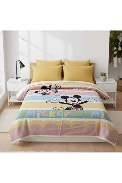 Zorluteks Taç Mickey Mouse & Minnie Mouse Tek Kişilik Pike - Yatak Örtüsü