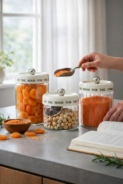 Paşabahçe 3'lü Modern Tasarımlı Krem Vakum Kapaklı Cam Kavanoz Saklama Kabı S...