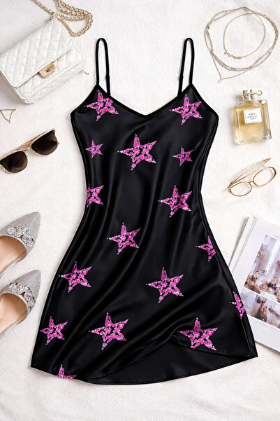 TeniModa Yıldız Desenli Siyah Askılı Saten Gecelik