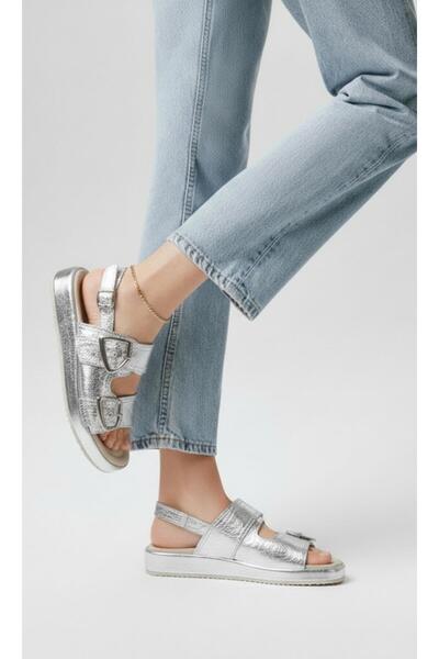 37Numara Large Size Women's Khaki Leather Sandals 41-42-43-44-45 Silver