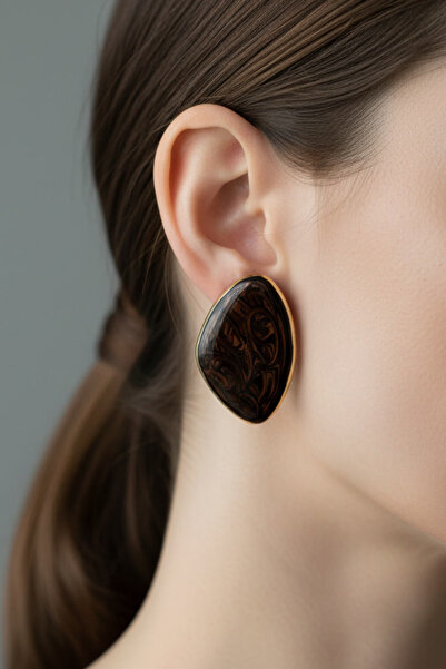 BHR AKSESUAR Gold Dark Brown Enamel Large Earrings (6.7 cm)