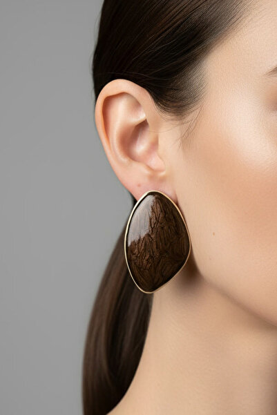 BHR AKSESUAR Gold Light Brown Enamel Large Earrings (6.7 cm)