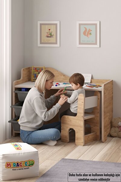 MİRACLE 3D Çocuk Oyun Aktivite Masası 90x45 Cm 3 Sepetli Çocuk Çalışma Masası...