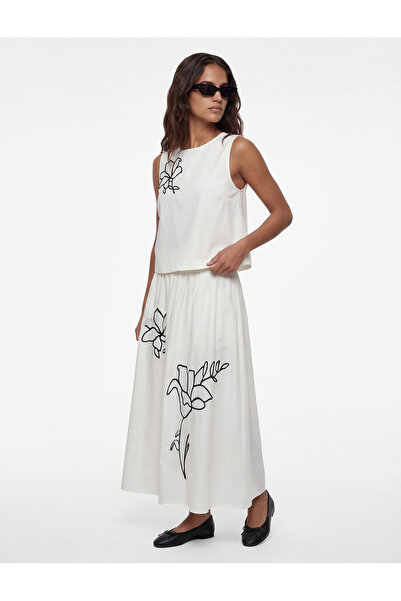 Koton Linen Blend Pocketed Midi Floral Flared Skirt