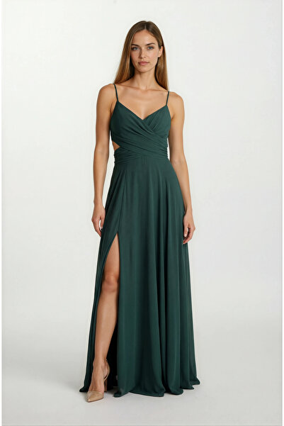 Spazio Dantino V Yaka Yırtmaçlı Bel Yanlar Açık Uzun Abiye Elbise YEŞİL
