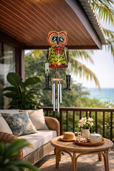 Larenya Ahşap Oyma Baykuş Figürlü Rüzgar Çanı & Balkon Bahçe Tavan Süsü