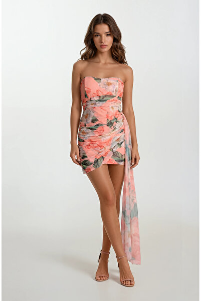 Spazio Orleano Straplez Yaka Drapeli Kısa Abiye Elbise PUDRA