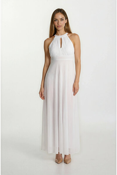 Spazio Firenze V Yaka Boyundan Bağlı Uzun Abiye Elbise BEYAZ