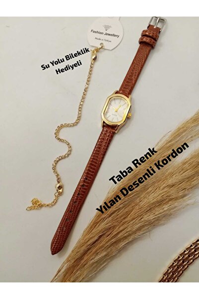 QUARTZ Vintage Kadın Kol Saati Minimal Tasarım Gold Kasa Koyu Kahve Kroko Des...