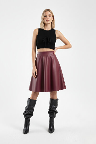 MAİMODA Women's Elastic Waist Faux Leather Flared Skirt