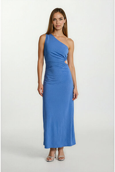 Spazio İvano Tek Omuz Yan Pencere Detaylı Uzun Abiye Elbise MAVİ