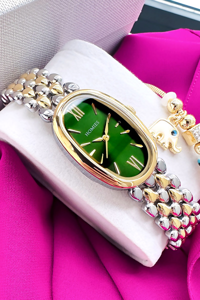 Homies ساعة يد نسائية مقاومة للماء باللون الذهبي والفضي - علبة بيضاوية، سوار ...