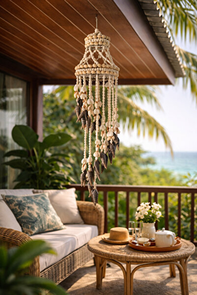 Larenya Deniz Kabuklu Rüzgar Çanı & Balkon Bahçe Tavan Süsü & Doğal Deniz Kabuğu