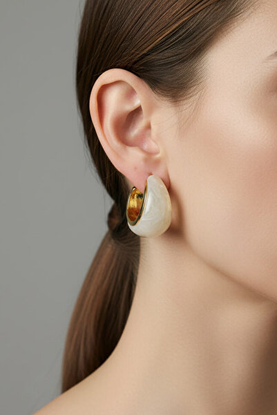 BHR AKSESUAR Gold Cream Earrings (2.8 cm)