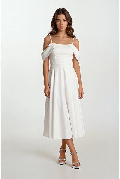 Spazio Orfemia Askılı Düşük Kol Kloş Uzun Abiye Elbise EKRU