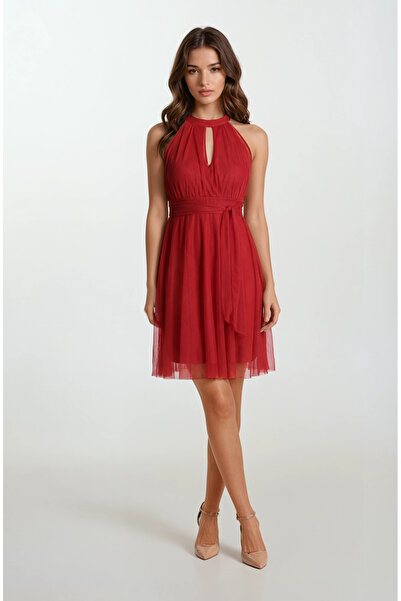 Spazio Narcisio Damla Yaka Kloş Kısa Abiye Elbise KIRMIZI
