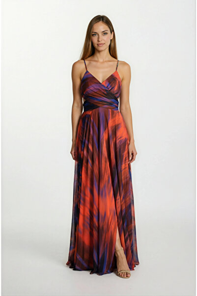 Spazio Raccosta V Yaka Yırtmaçlı Bel Yanlar Açık Uzun Abiye Elbise ORANJ