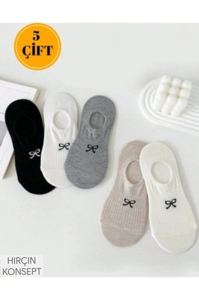 hırçın Women's 5 Pairs Premium Bowknot Flower and Heart Patterned Ballerina Socks Candy White