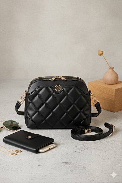 Ayax Siyah Mat Kadın Ayarlanabilir Çapraz Askılı 4 Bölmeli Omuz ve Çapraz Çanta